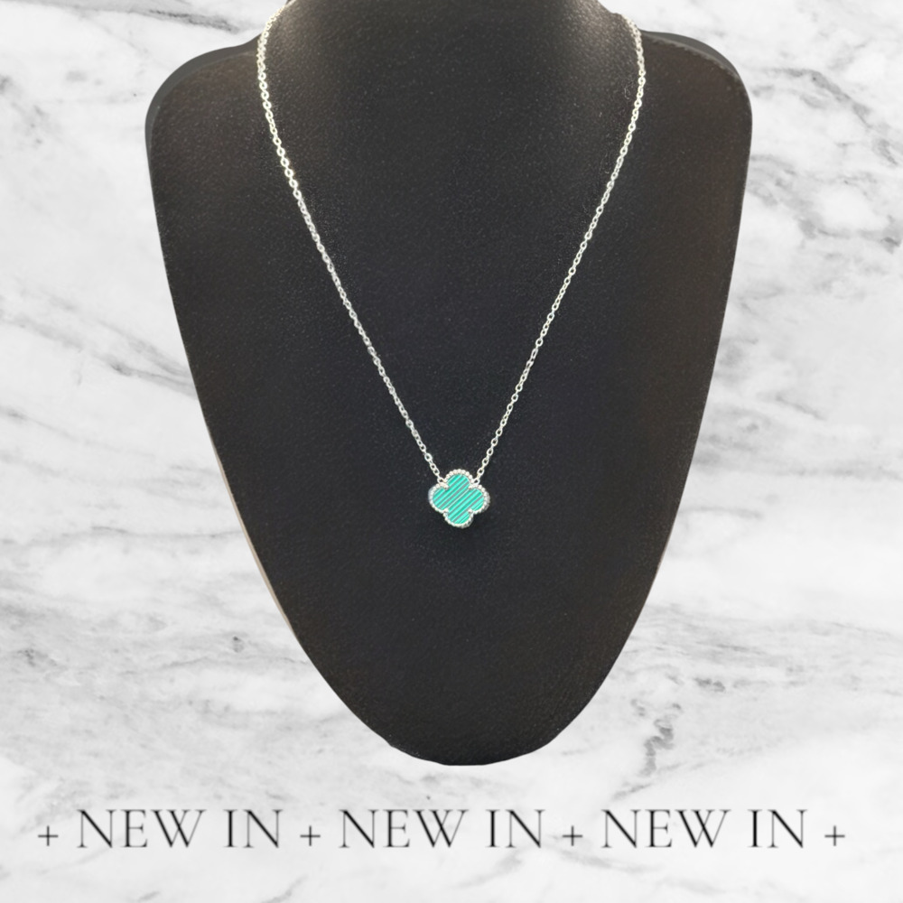 Stainless Steel  Malachite look Clover Pendant Necklace